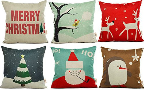 Square Set of 6 Merry Christmas Series Blended Linen  Pillow Case  18"